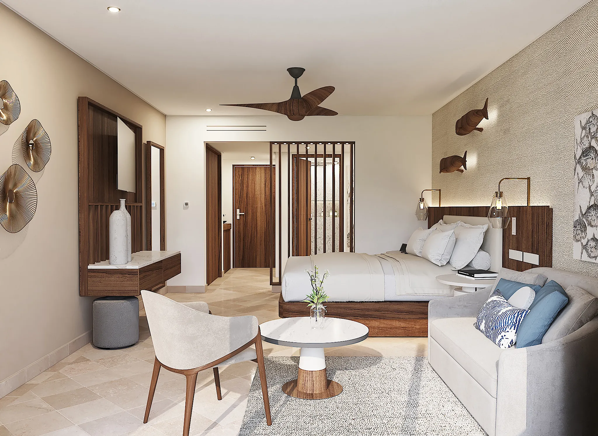 Deluxe Lagoon View suite with king bed and modern seating area at Secrets Mirabel Cancun Resort & Spa.