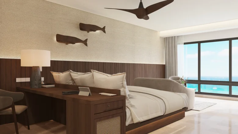 Deluxe Ocean View suite with king bed and panoramic ocean views at Secrets Mirabel Cancun Resort & Spa.