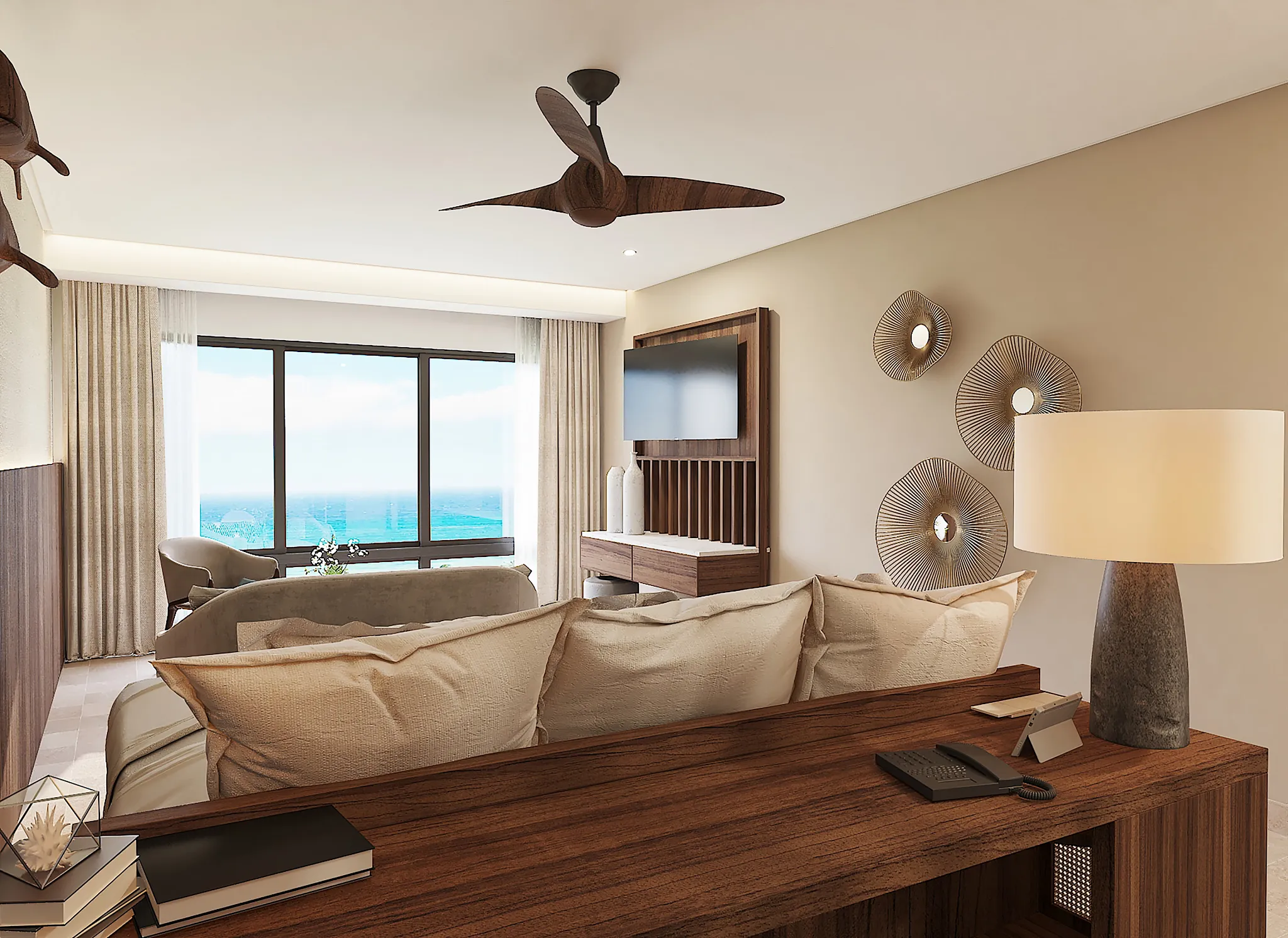 Deluxe Ocean View room with king bed, seating area, and oceanfront windows at Secrets Mirabel Cancun Resort & Spa.