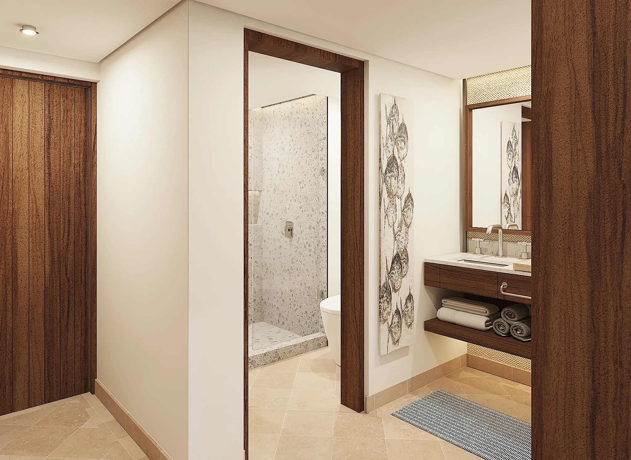 Deluxe Tropical View Balcony bathroom with walk-in shower and modern vanity at Secrets Mirabel Cancun Resort & Spa.