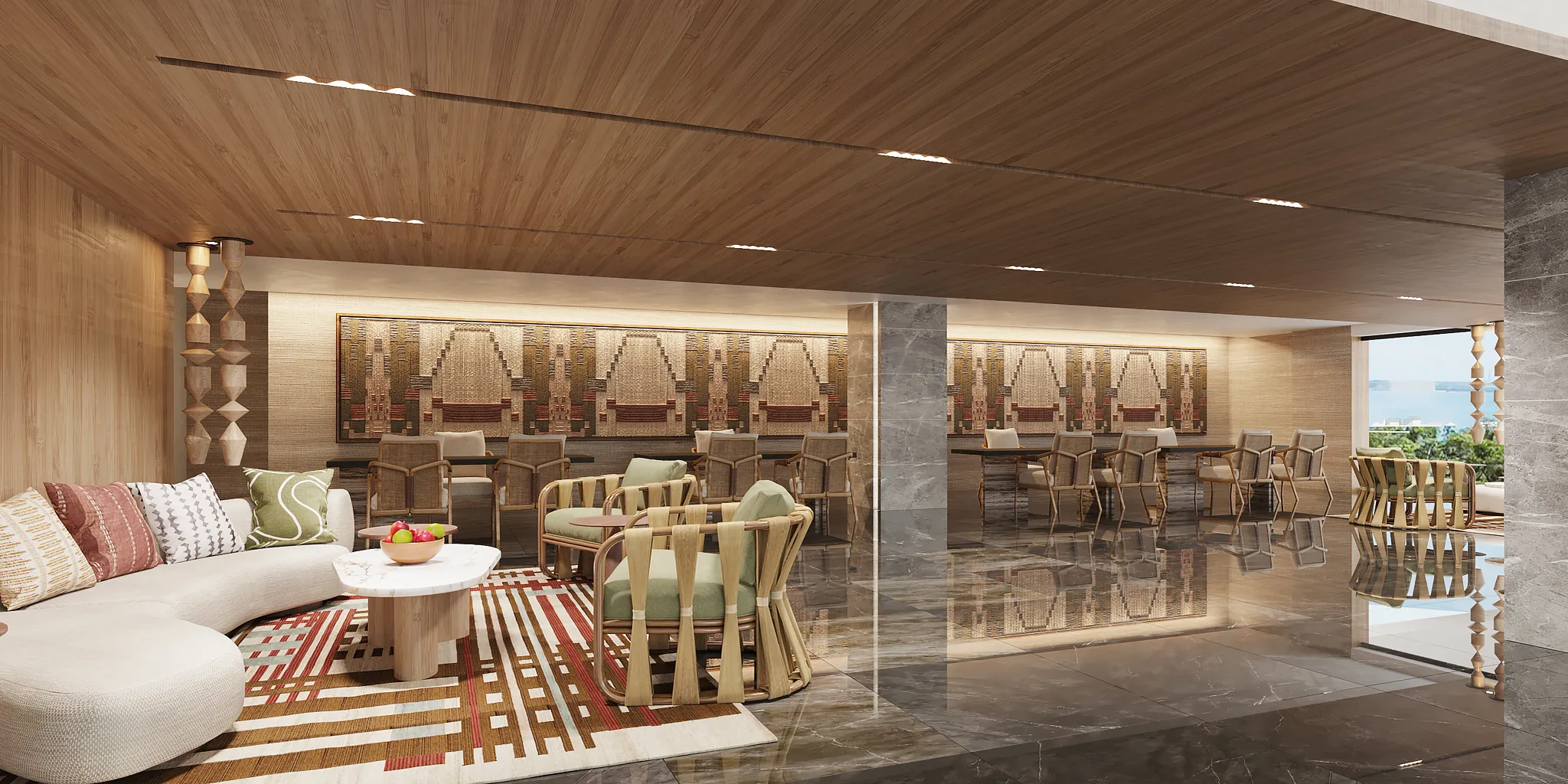 Stylish resort lobby lounge with modern seating and elegant décor at Secrets Mirabel Cancun Resort & Spa.
