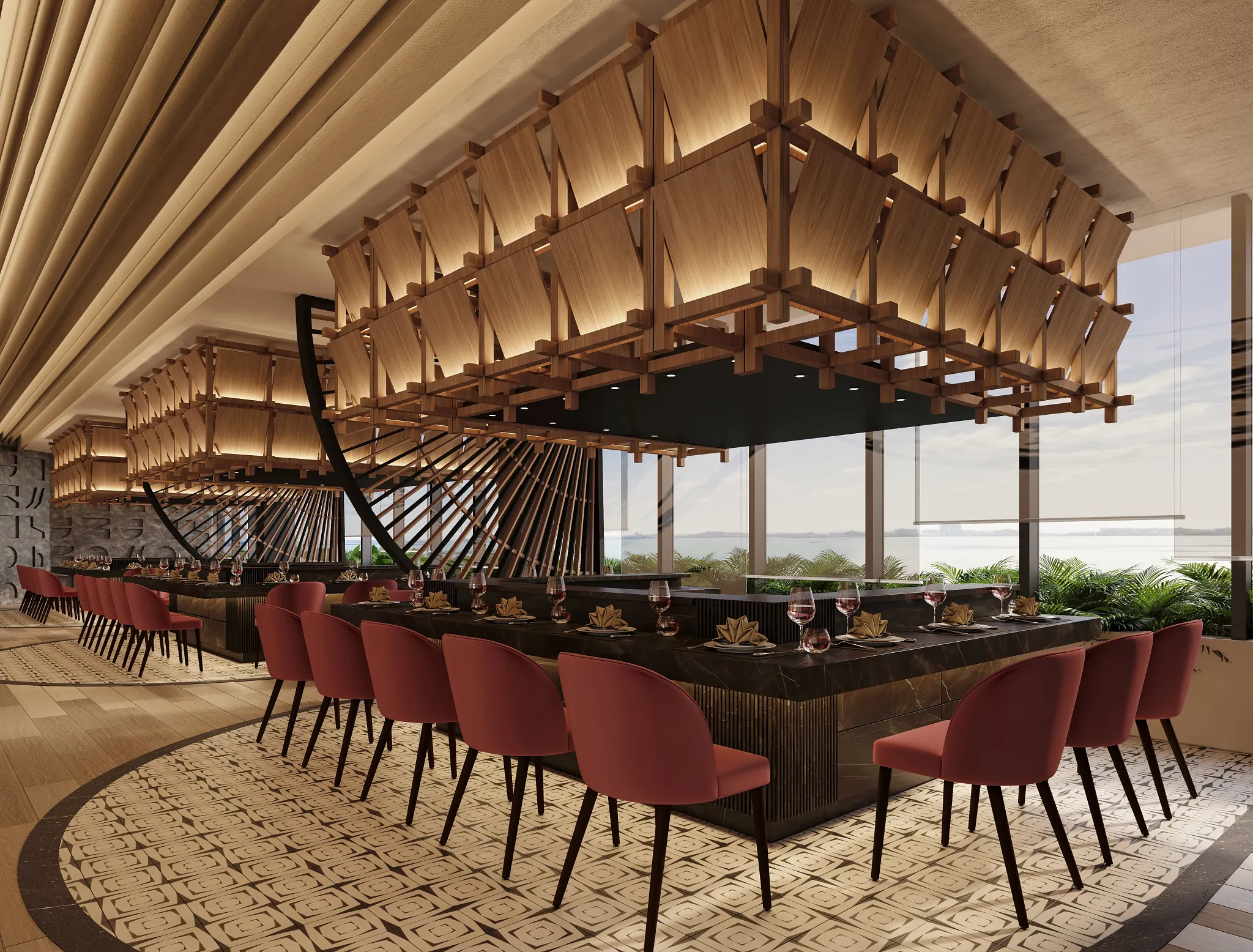 Himitsu restaurant at Secrets Mirabel Cancun Resort & Spa featuring elegant Asian-inspired décor, sushi bar, and upscale teppanyaki dining.