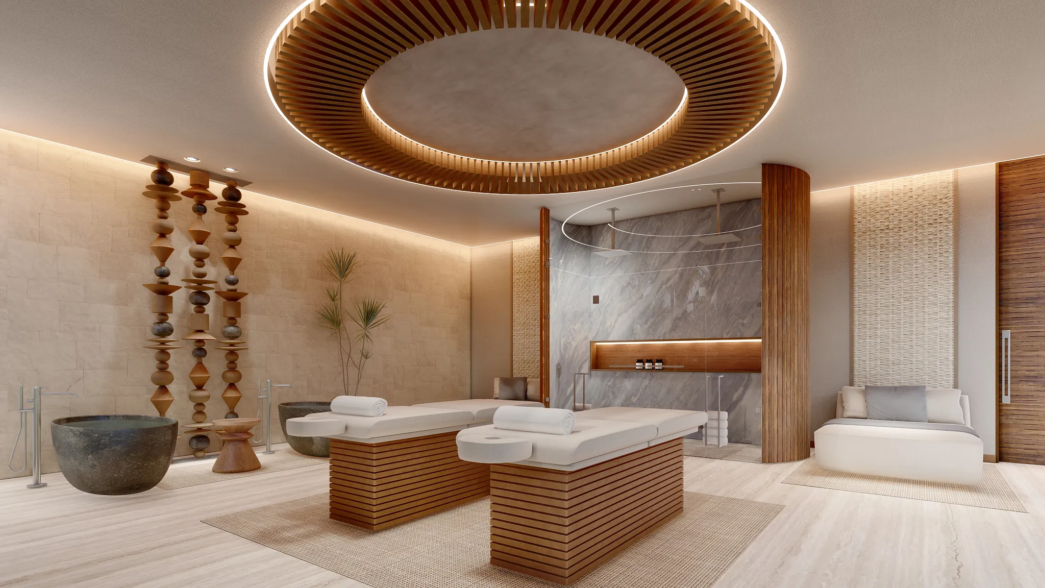 Elegant spa treatment room with massage tables and modern wellness décor at Secrets Mirabel Cancun Resort & Spa.