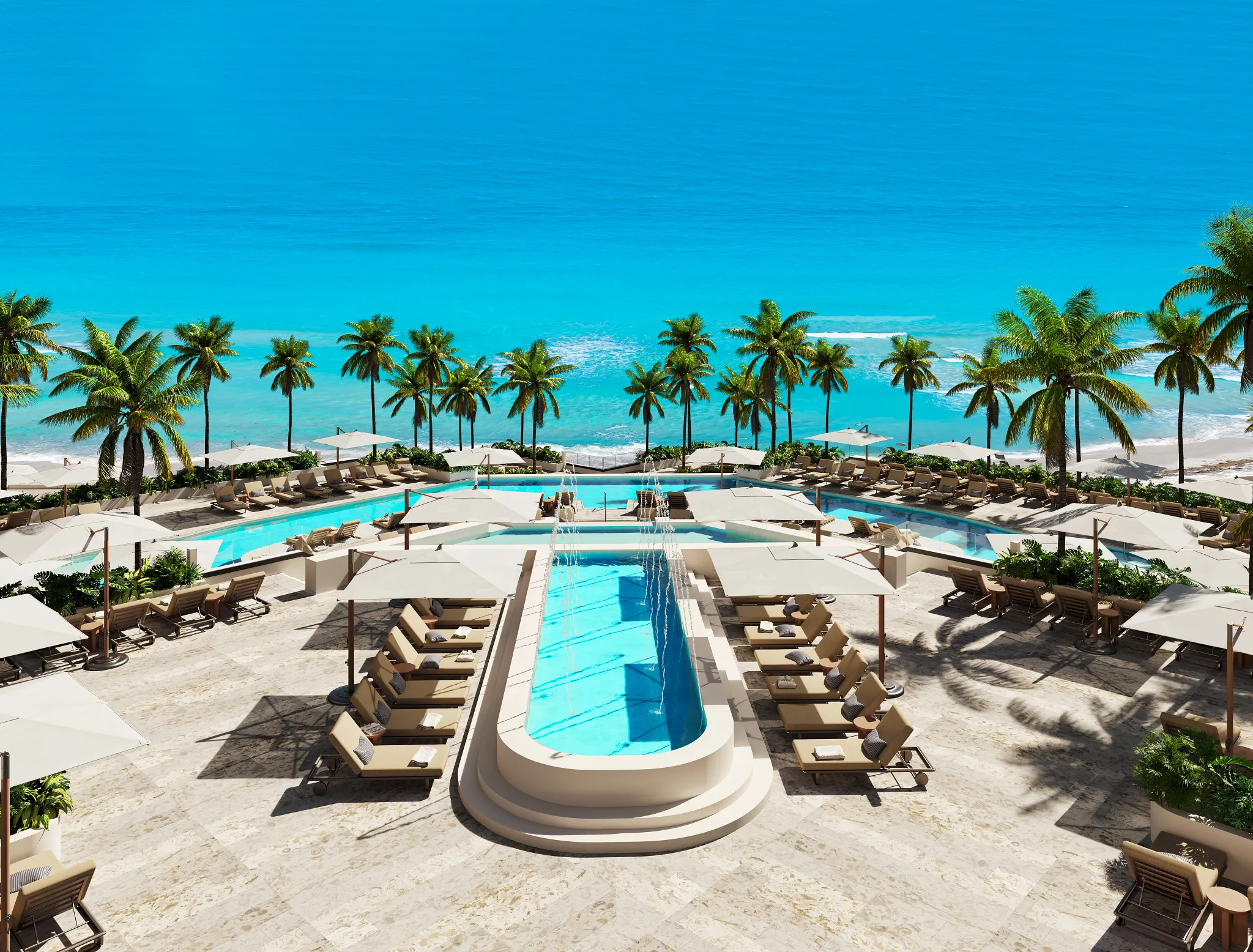Elegant pool and fountain area at Secrets Mirabel Cancun Resort & Spa with luxury loungers and palm trees.