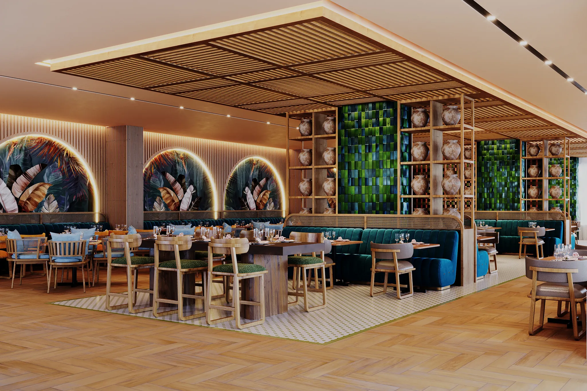 Market Cafe at Secrets Mirabel Cancun Resort & Spa featuring international buffet stations, modern dining space, and casual resort atmosphere.