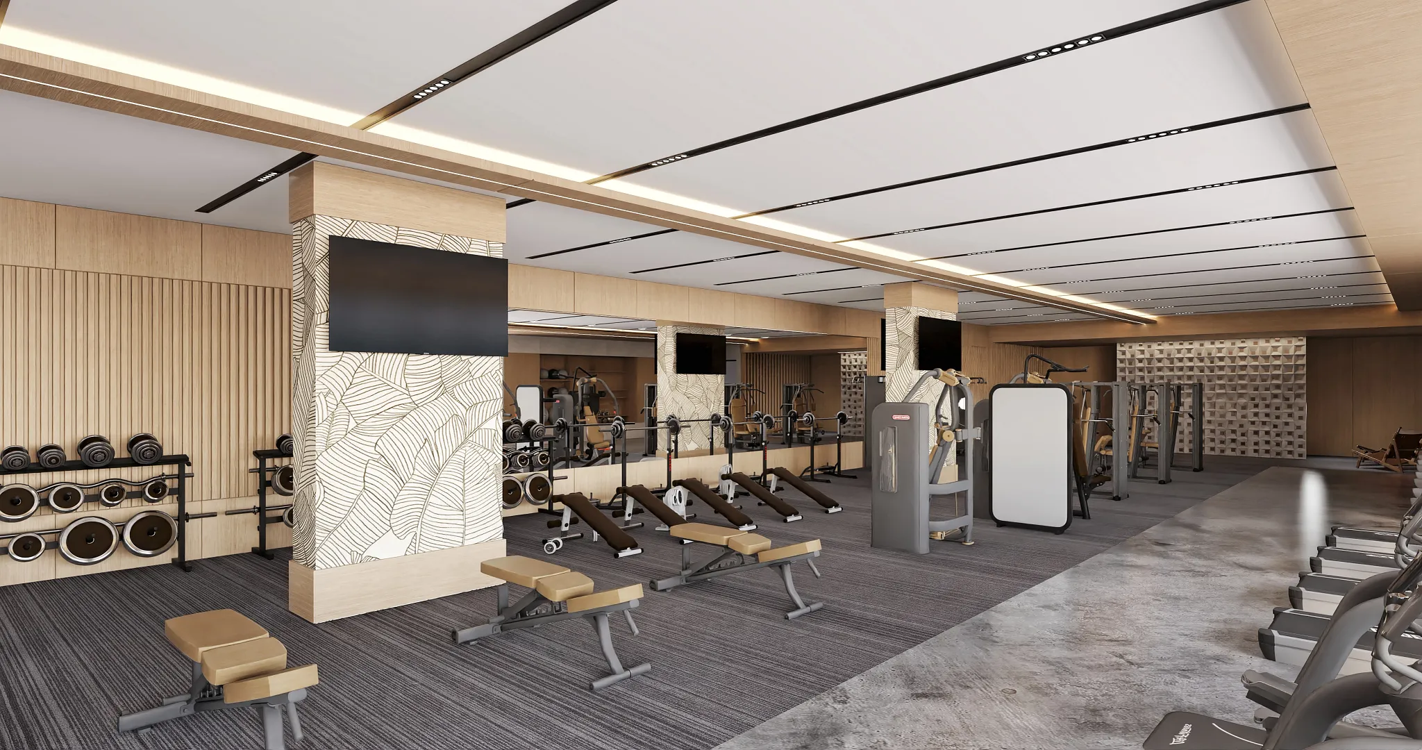 Spacious modern gym with weights and cardio equipment at Secrets Mirabel Cancun Resort & Spa in Cancun.