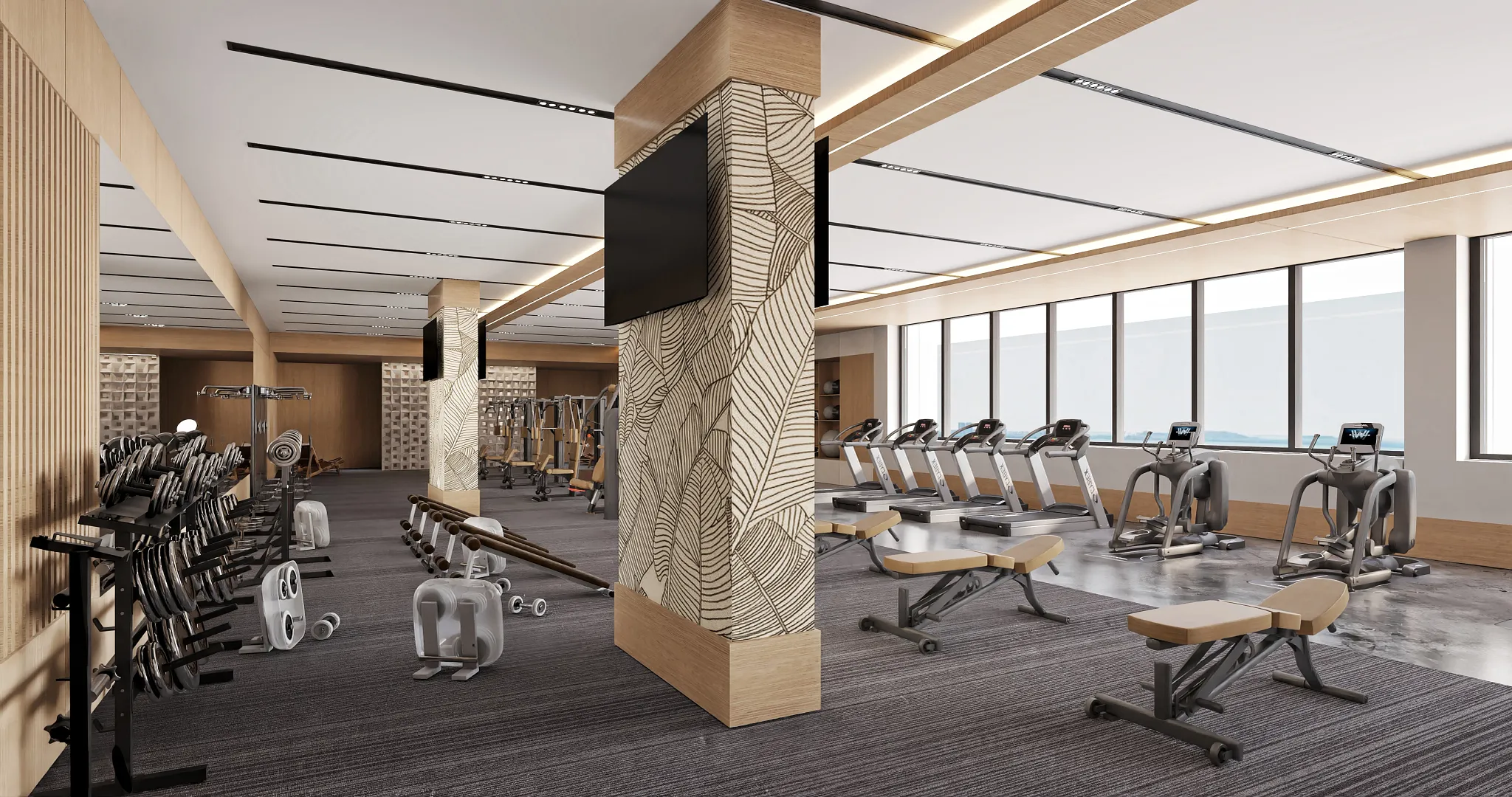 Modern fitness center with cardio equipment and ocean views at Secrets Mirabel Cancun Resort & Spa in Cancun.