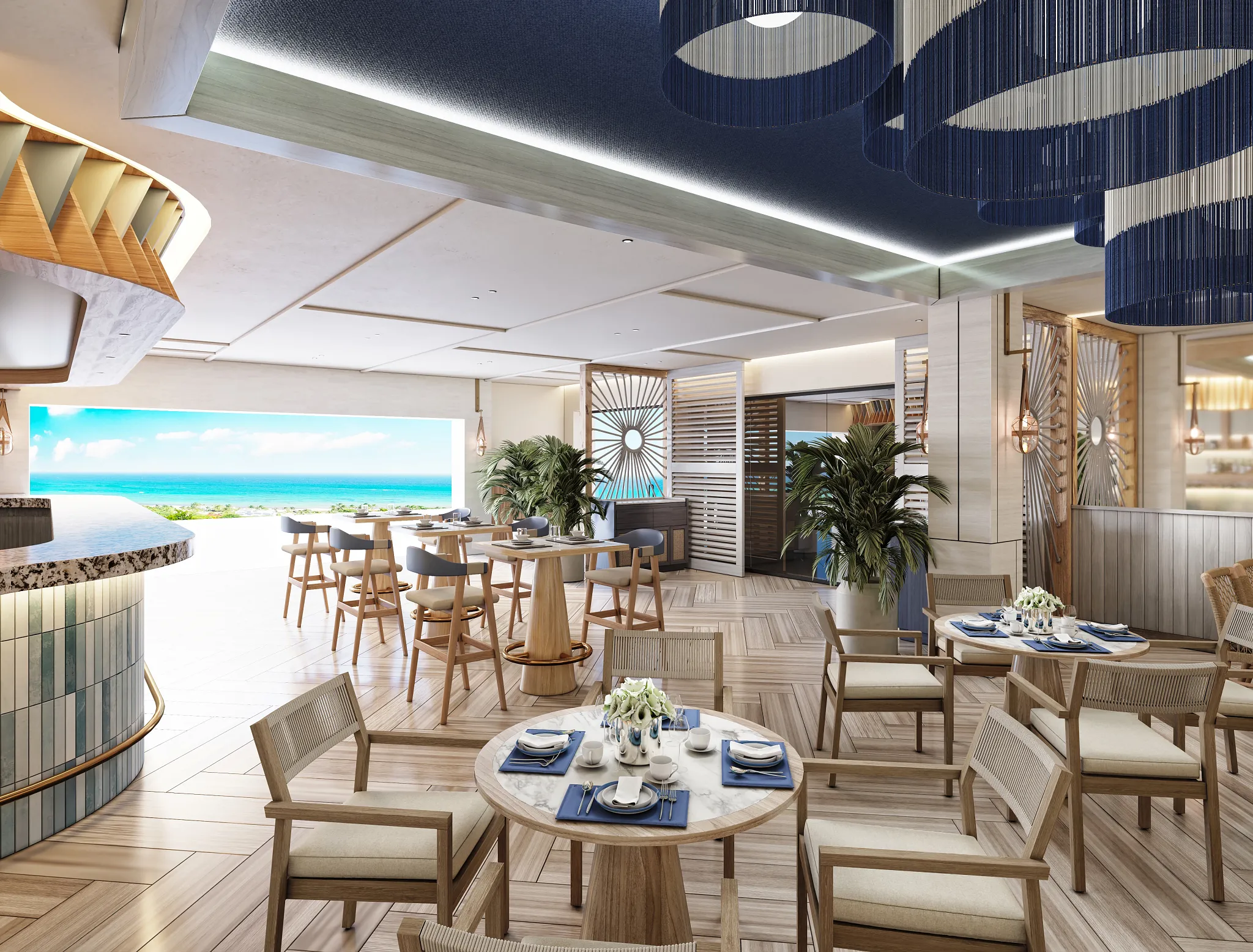Olio Terrace & Restaurant at Secrets Mirabel Cancun Resort & Spa featuring elegant Mediterranean dining, outdoor terrace seating, and modern coastal ambiance.