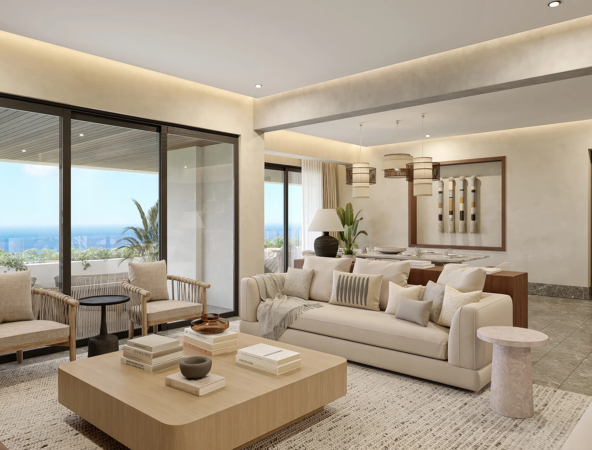 Elegant oceanfront living room inside the Penthouse Presidential Suite at Secrets Mirabel Cancun Resort & Spa.