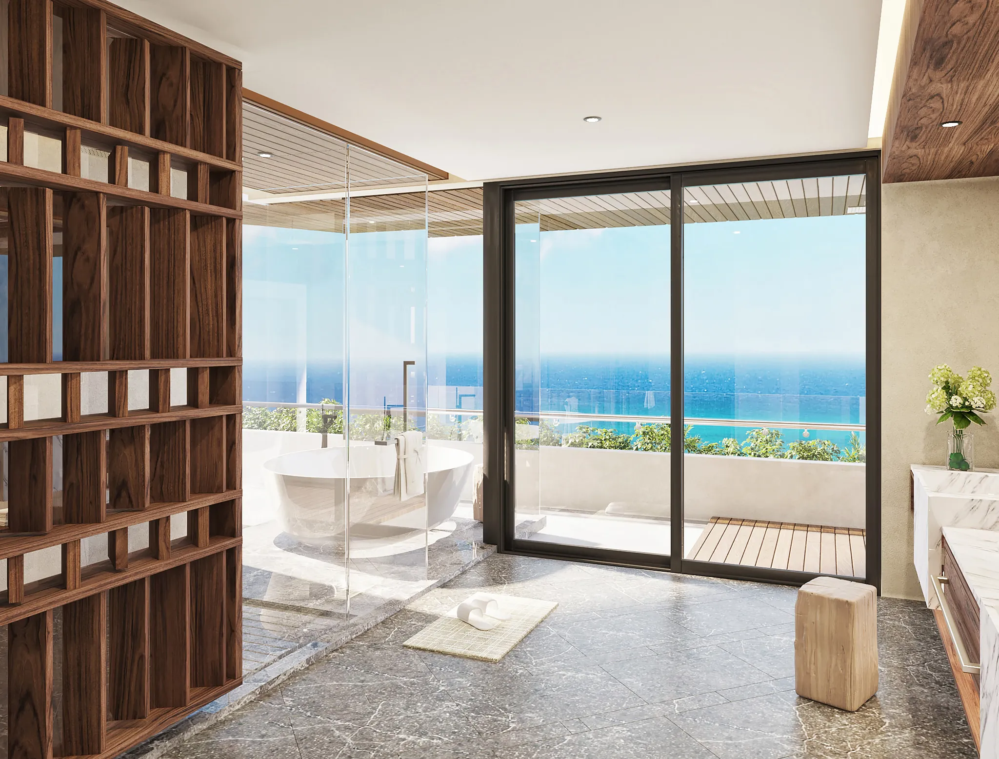 Luxury bathroom with soaking tub and ocean-view terrace in the Preferred Club Governor Suite Plunge Pool at Secrets Mirabel Cancun Resort & Spa.