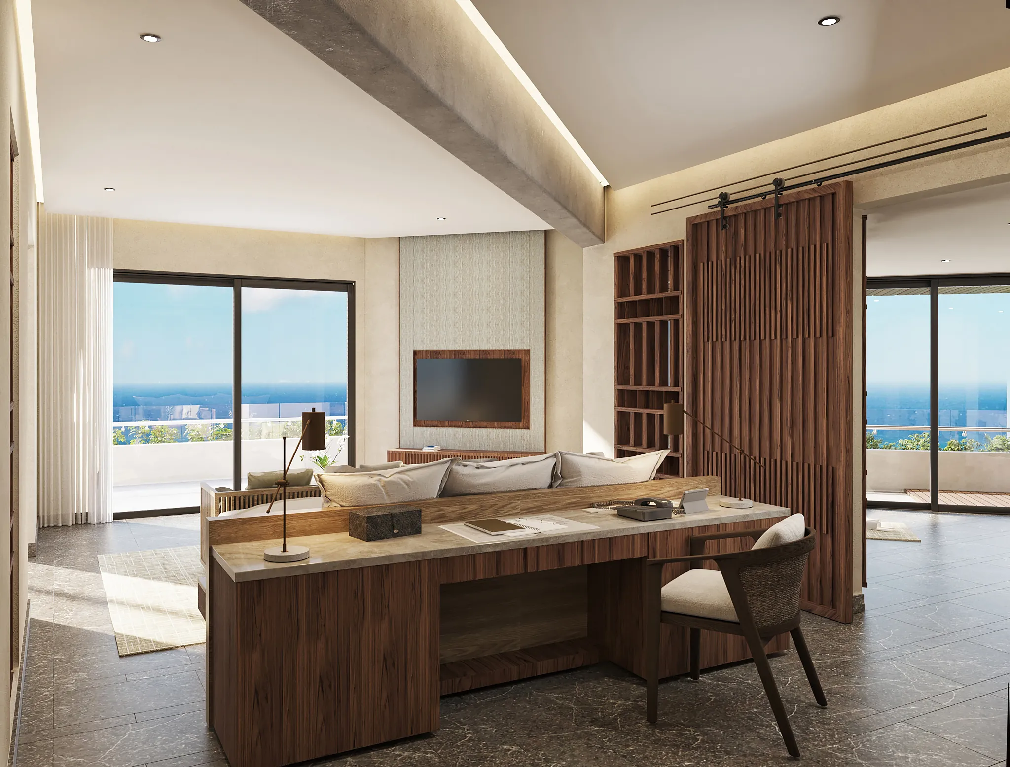 Preferred Club Governor Suite Plunge Pool living area with workspace and oceanfront terrace at Secrets Mirabel Cancun Resort & Spa.