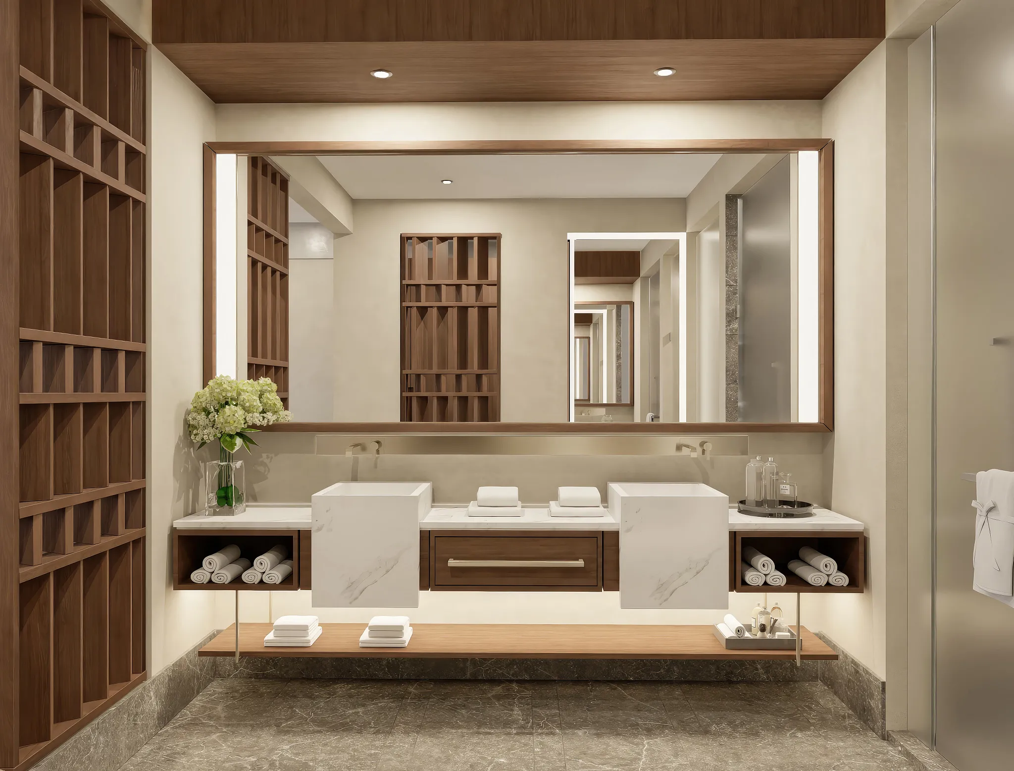 Preferred Club Junior Suite Ocean Front double vanity bathroom at Secrets Mirabel Cancun Resort & Spa.