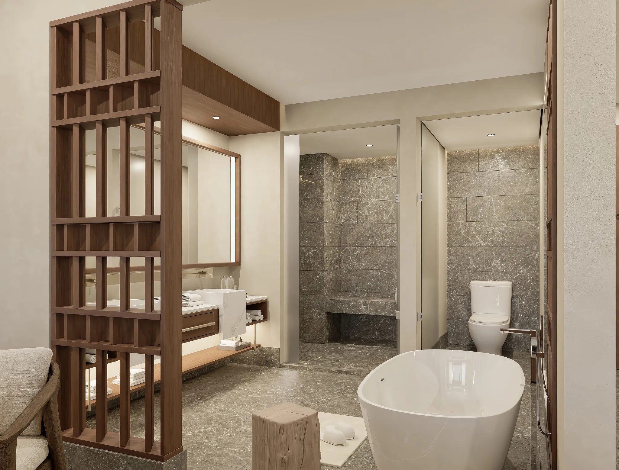 Preferred Club Junior Suite Ocean Front with freestanding soaking tub and luxury vanity at Secrets Mirabel Cancun Resort & Spa.