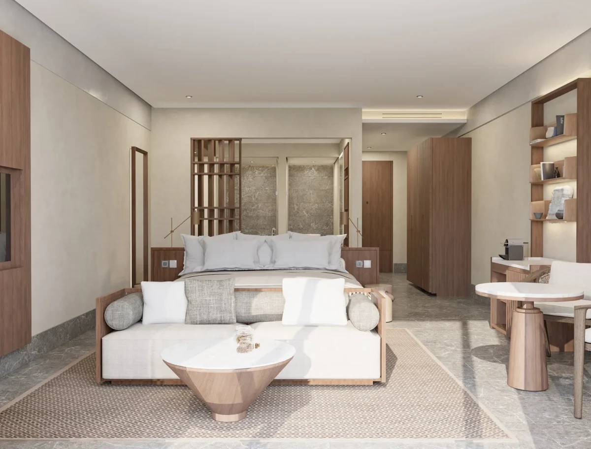Preferred Club Junior Suite Swim Out with king bed and private swim-out terrace at Secrets Mirabel Cancun Resort & Spa.