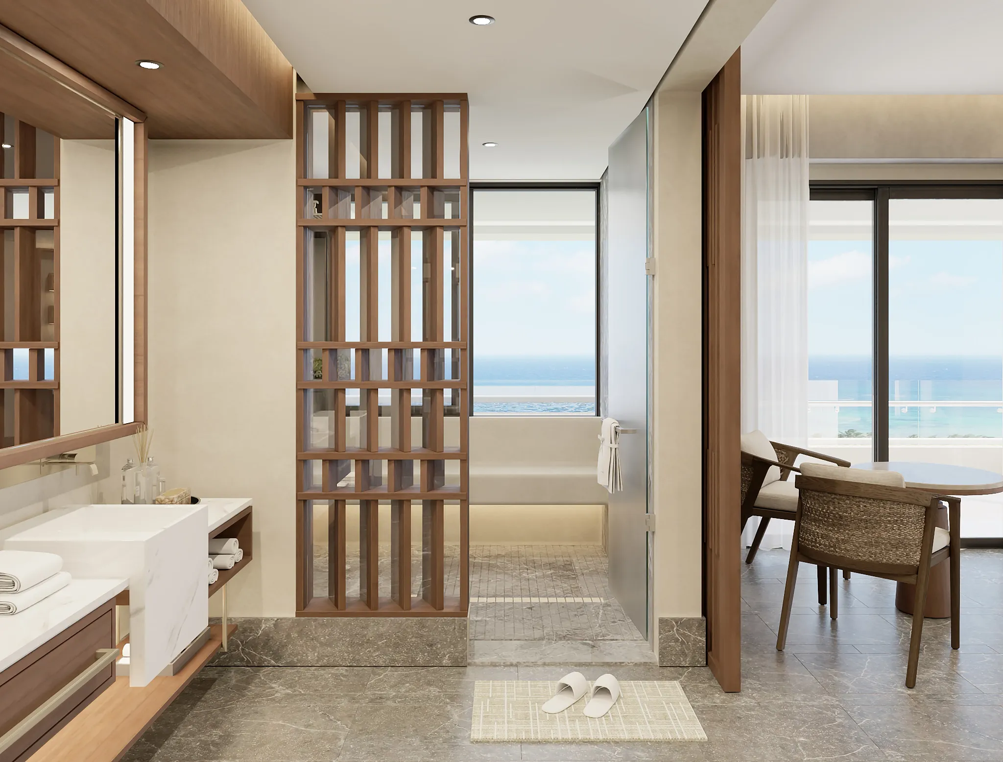 Luxury bathroom and soaking tub inside the Preferred Club Master Suite Ocean Front at Secrets Mirabel Cancun Resort & Spa.