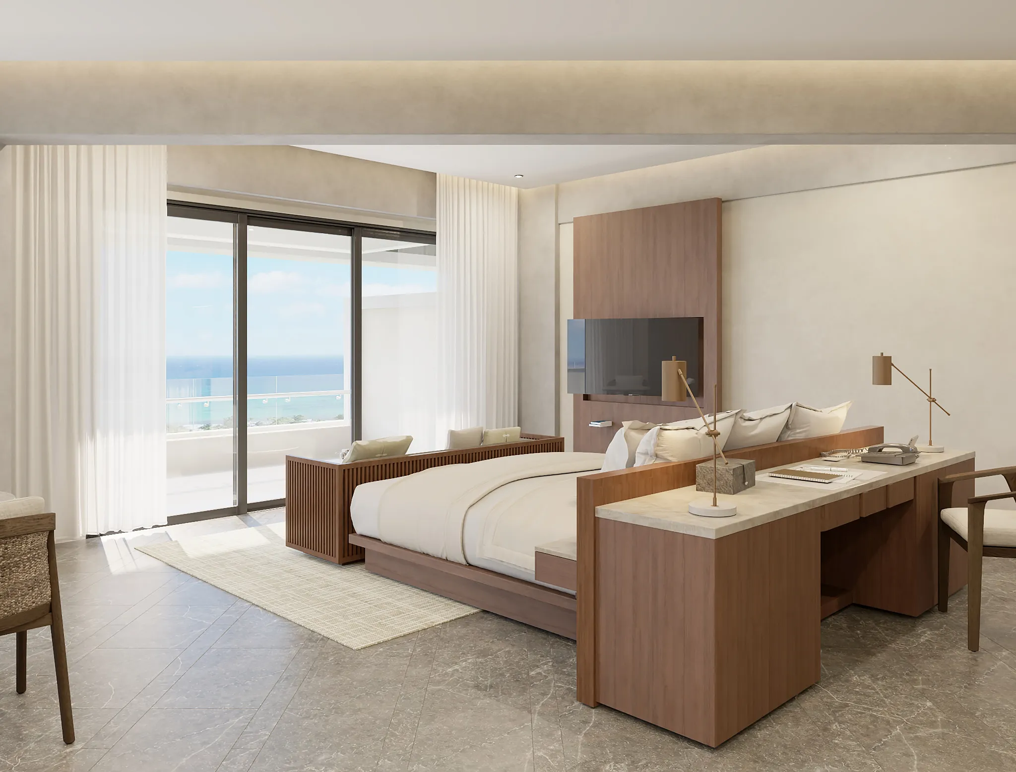 Preferred Club Master Suite Ocean Front bedroom with king bed, workspace, and private ocean-view terrace at Secrets Mirabel Cancun Resort & Spa.