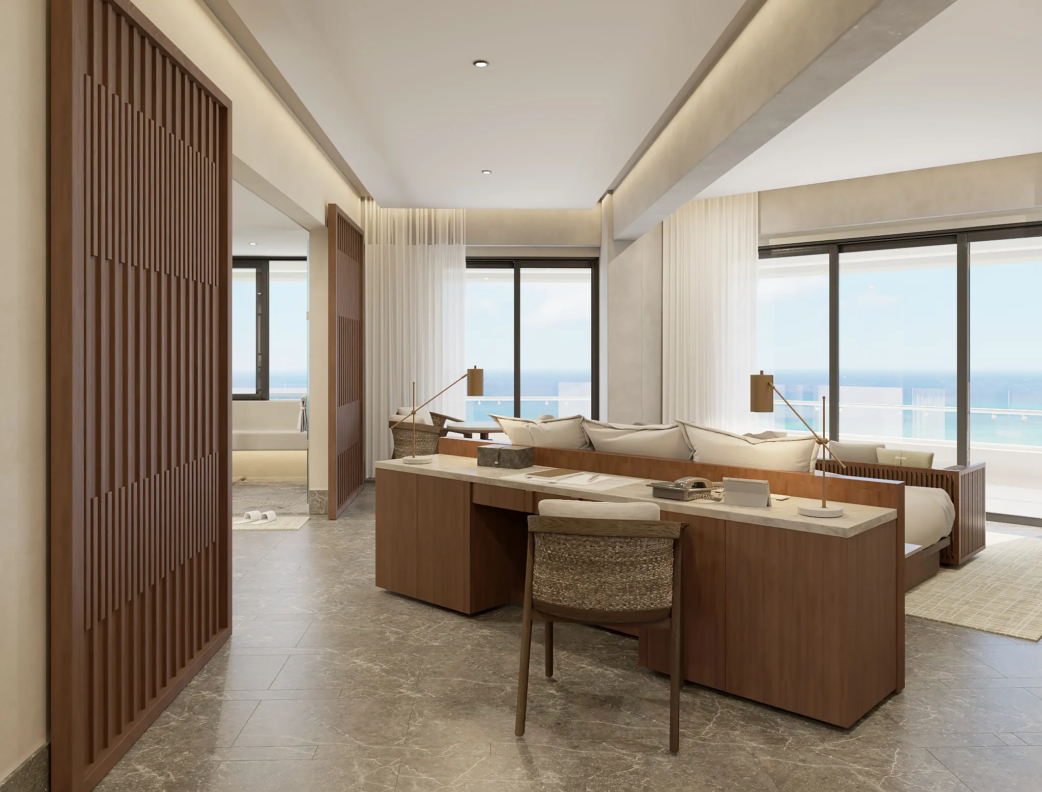 Spacious interior workspace and king bedroom in the Preferred Club Master Suite Ocean Front at Secrets Mirabel Cancun Resort & Spa.