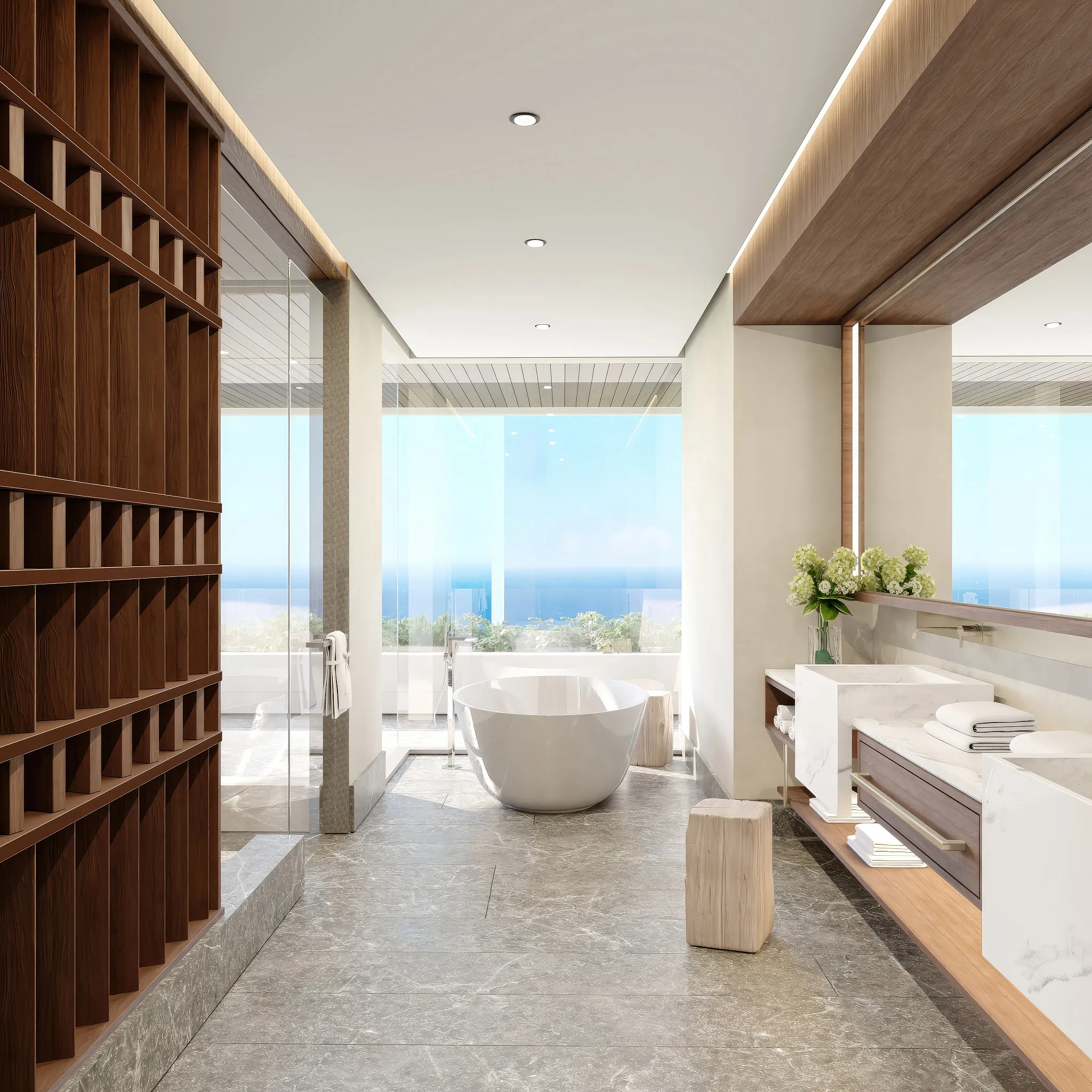 Spa-inspired bathroom with soaking tub and ocean views inside the Presidential Suite at Secrets Mirabel Cancun Resort & Spa.