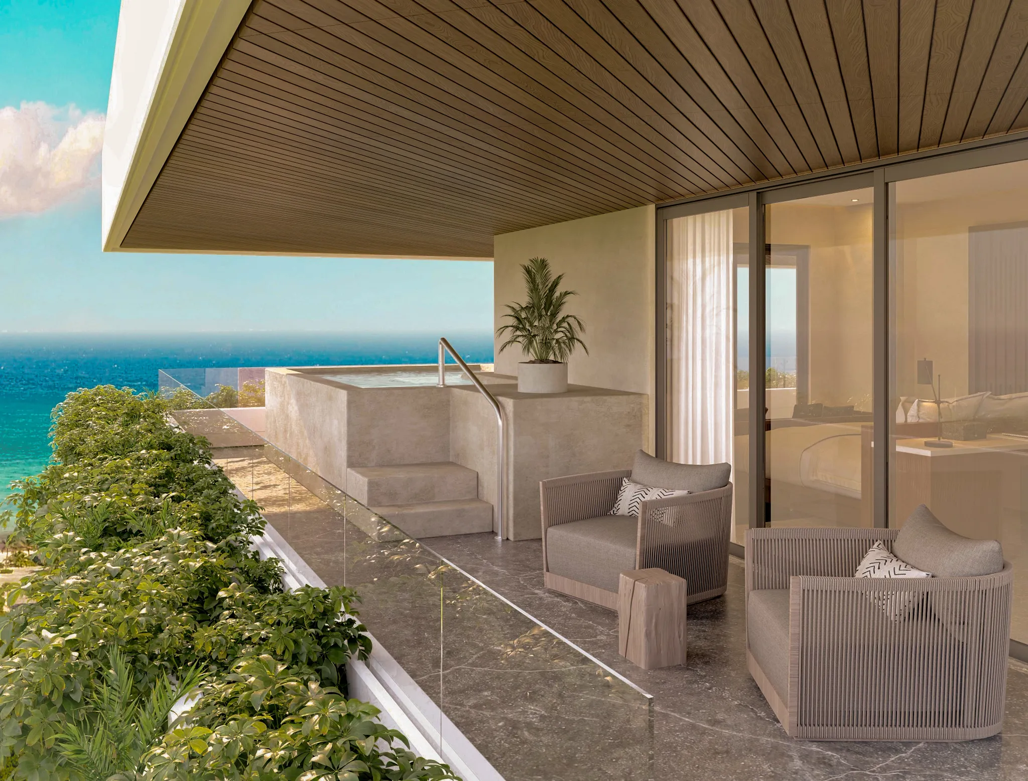 Private oceanfront terrace with infinity-edge plunge pool at the Presidential Suite in Secrets Mirabel Cancun Resort & Spa.