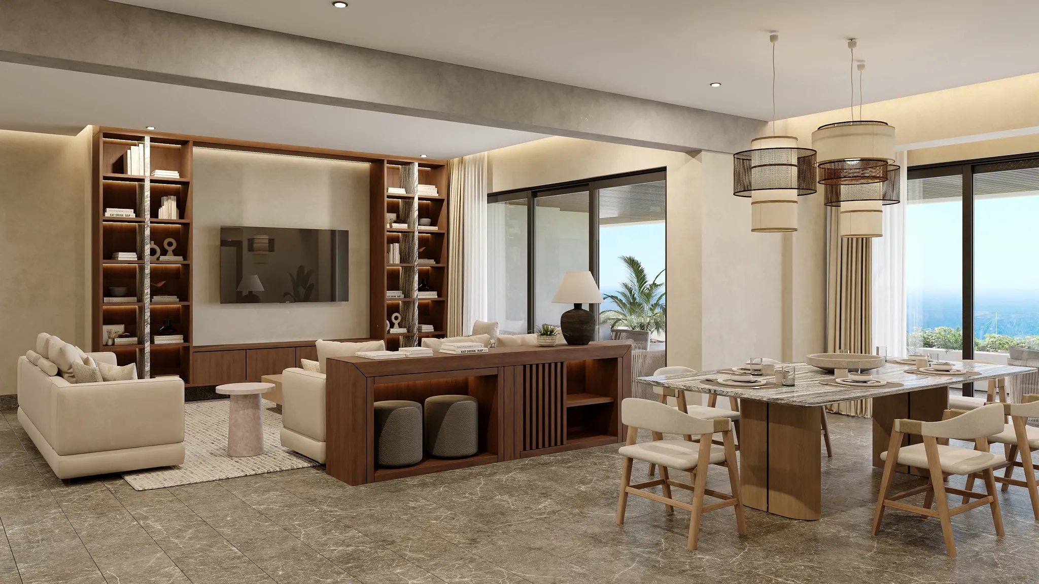 Separate living room and dining area inside the Presidential Suite at Secrets Mirabel Cancun Resort & Spa.