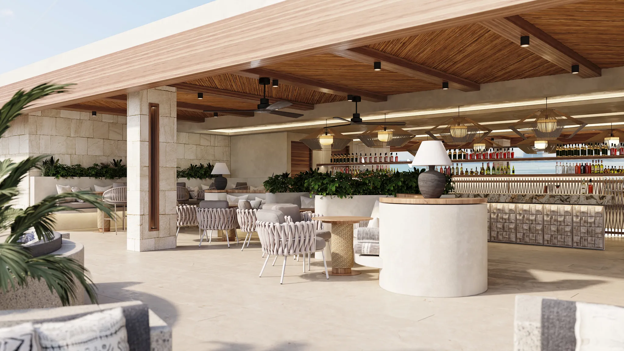 Sky Bar at Secrets Mirabel Cancun Resort & Spa featuring rooftop lounge seating, panoramic ocean views, and handcrafted cocktails at sunset.