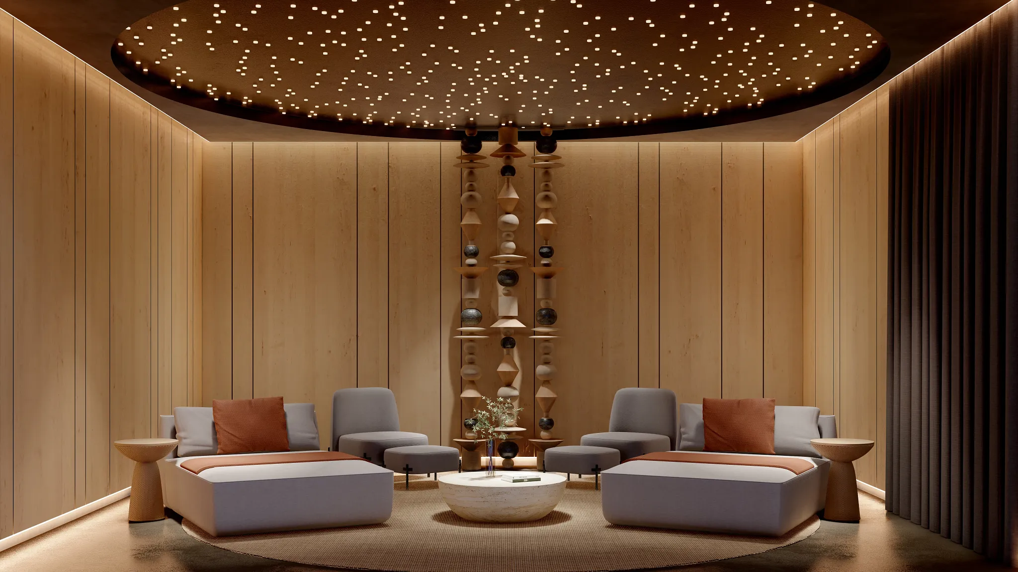Tranquil spa relaxation lounge with modern seating and ambient lighting at Secrets Mirabel Cancun Resort & Spa.